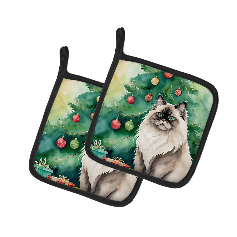 Colorpoint Longhair Cat By the Christmas Tree Pot Holders - Set of 2 Decorative Kitchen Helpers | Made in the USA