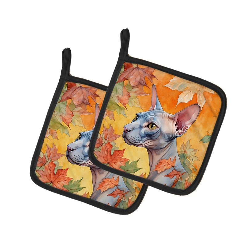 Donskoy Don Sphynx Cat in Fall Leaves Pot Holders - Set of 2 Decorative Kitchen Helpers | Made in the USA