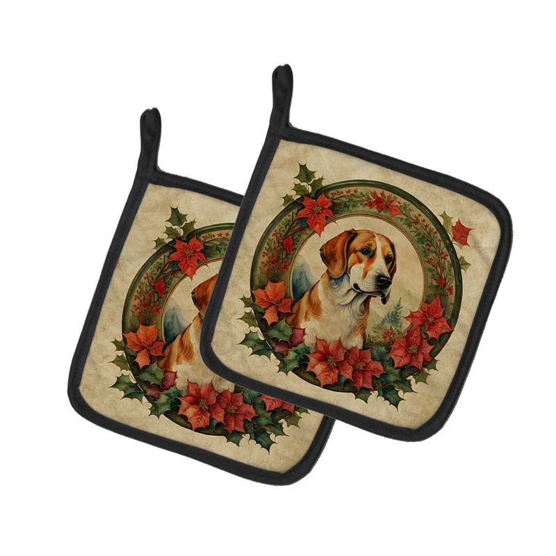 English Foxhound Christmas Flowers Pot Holders - Set of 2 Decorative Kitchen Helpers | Made in the USA