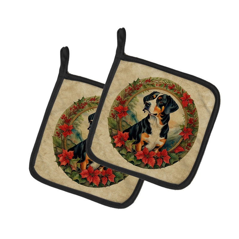 Entlebucher Mountain Dog Christmas Flowers Pot Holders - Set of 2 Decorative Kitchen Helpers | Made in the USA
