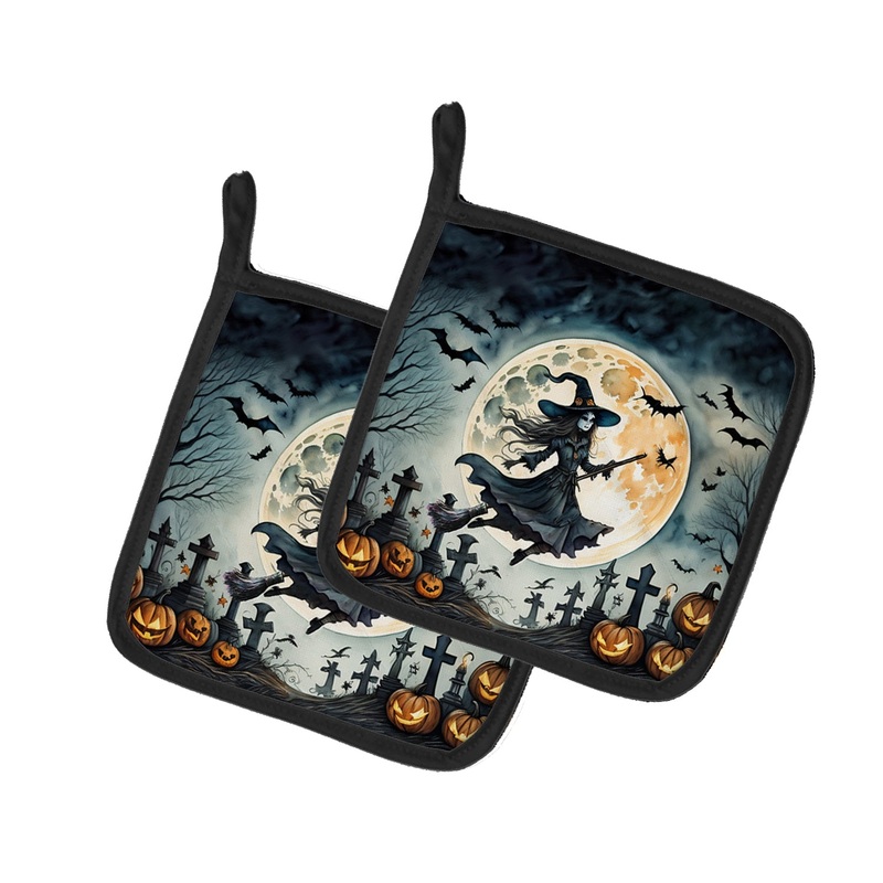 Flying Witch Spooky Halloween Pot Holders - Set of 2 Decorative Kitchen Helpers | Made in the USA