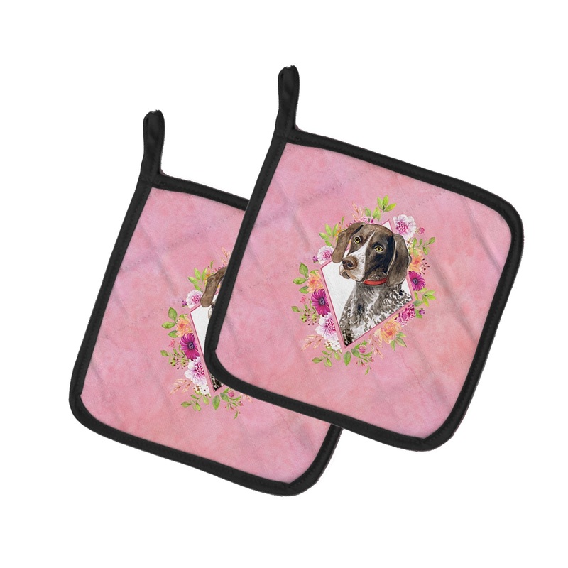 German Shorthaired Pointer Pink Flowers Pot Holders - Set of 2 - Heat-Resistant Kitchen Essentials CK4157PTHD