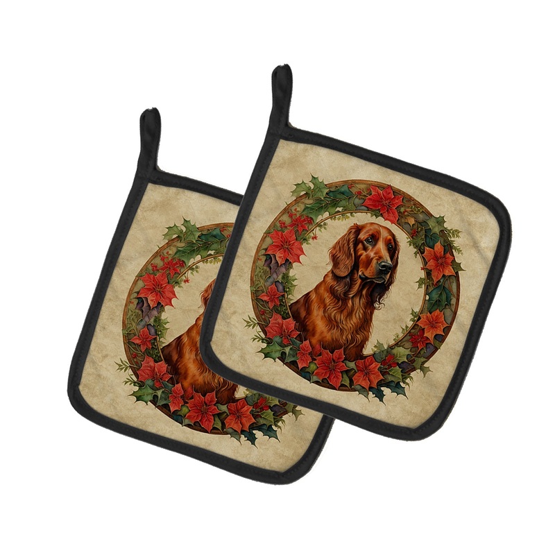 Irish Setter Christmas Flowers Pot Holders - Set of 2 Decorative Kitchen Helpers | Made in the USA