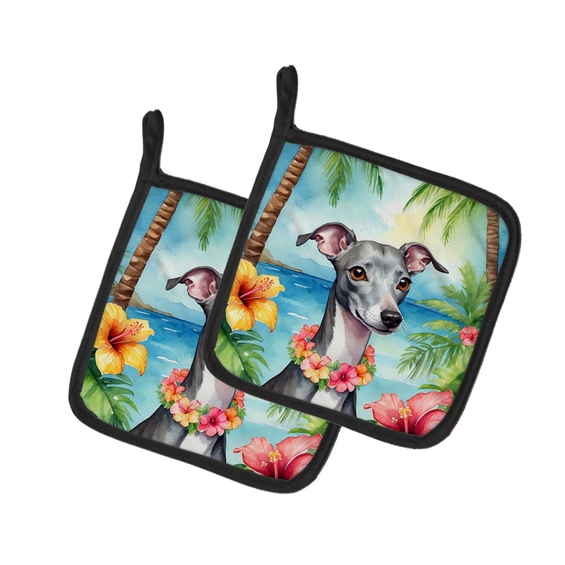 Italian Greyhound Luau Pot Holders - Set of 2 Decorative Kitchen Helpers | Made in the USA