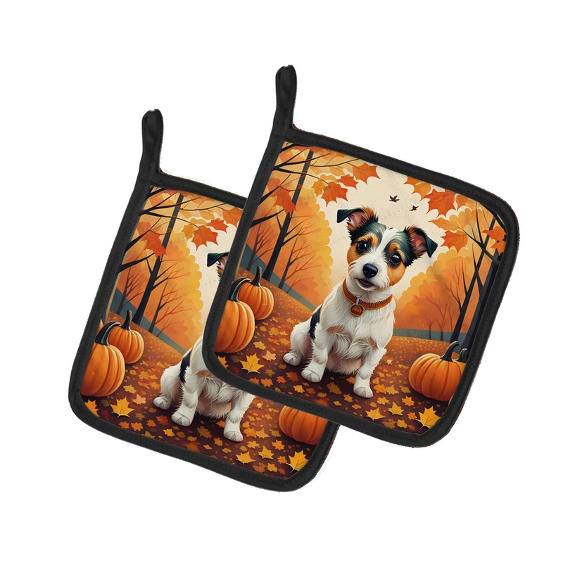 Jack Russell Terrier Fall Pot Holders - Set of 2 Decorative Kitchen Helpers | Made in the USA