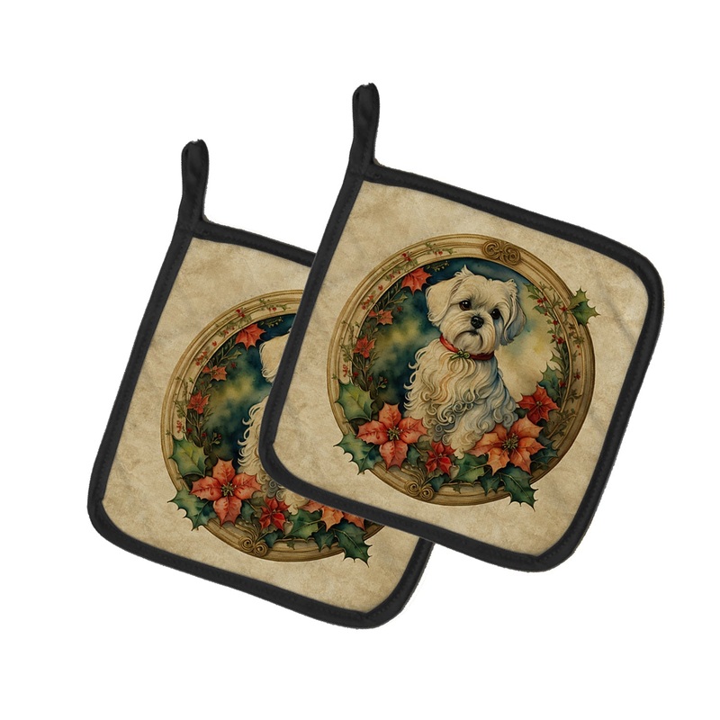 Maltese Christmas Flowers Pot Holders - Set of 2 Decorative Kitchen Helpers | Made in the USA