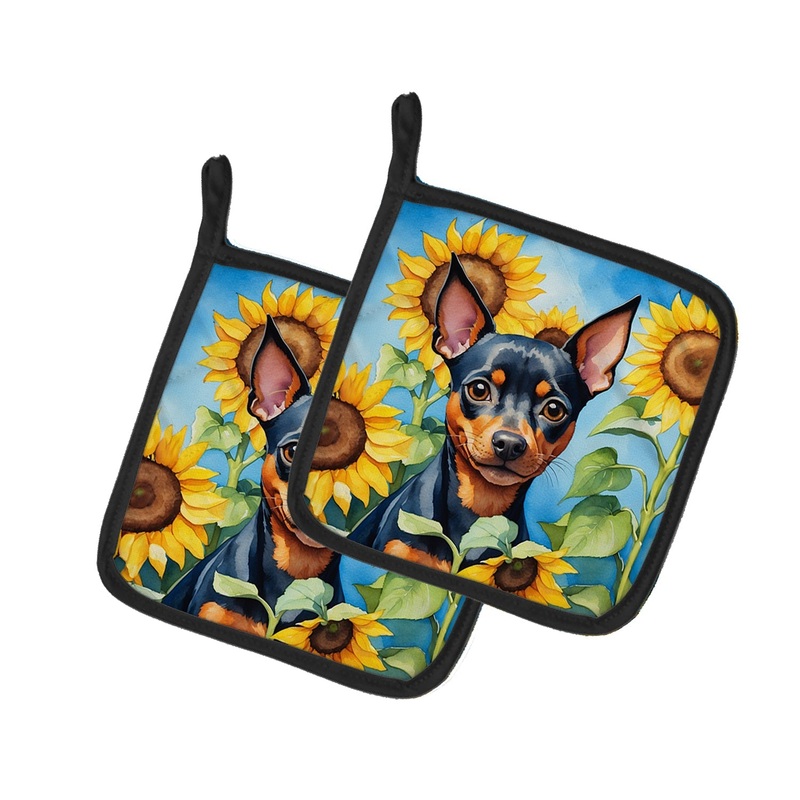 Miniature Pinscher in Sunflowers Pot Holders - Set of 2 Decorative Kitchen Helpers | Made in the USA