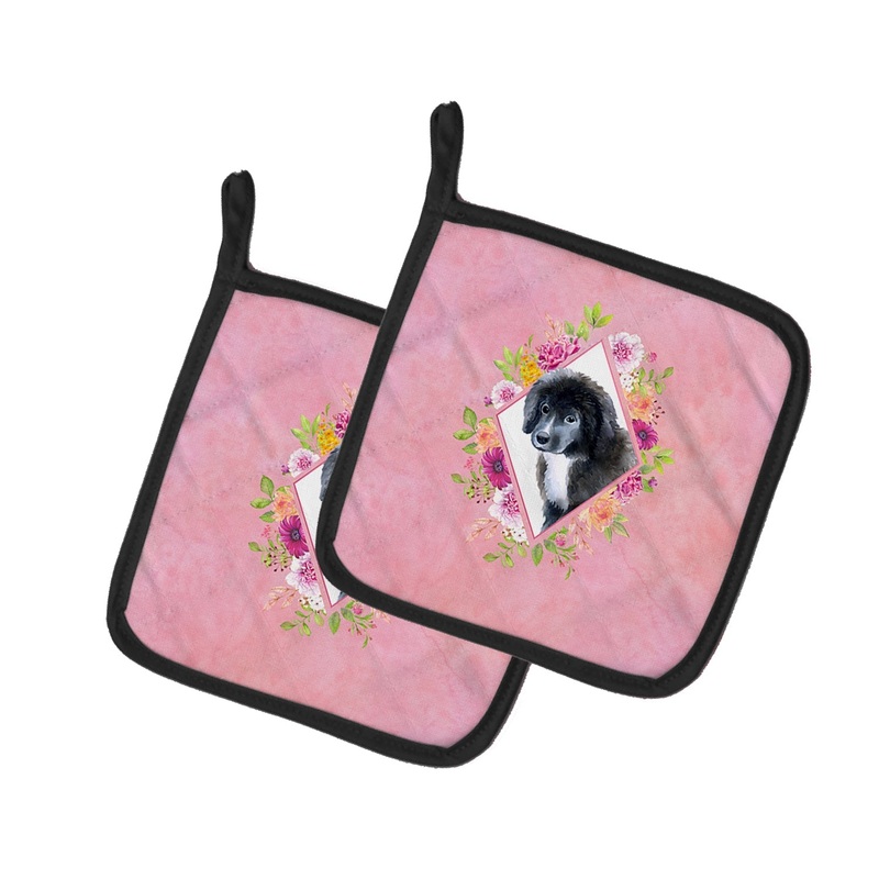 Newfoundland Puppy Pink Flowers Pot Holders - Set of 2 - Heat-Resistant Kitchen Essentials CK4164PTHD