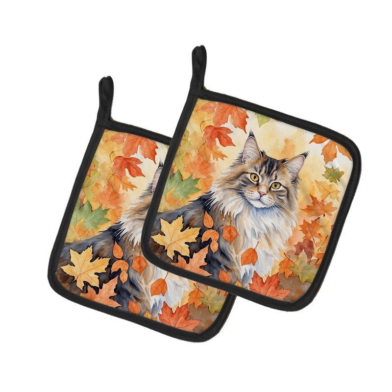Norwegian Forest Cat in Fall Leaves Pot Holders - Set of 2 Decorative Kitchen Helpers | Made in the USA