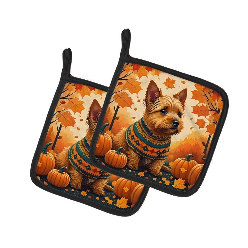 Norwich Terrier Fall Pot Holders - Set of 2 Decorative Kitchen Helpers | Made in the USA