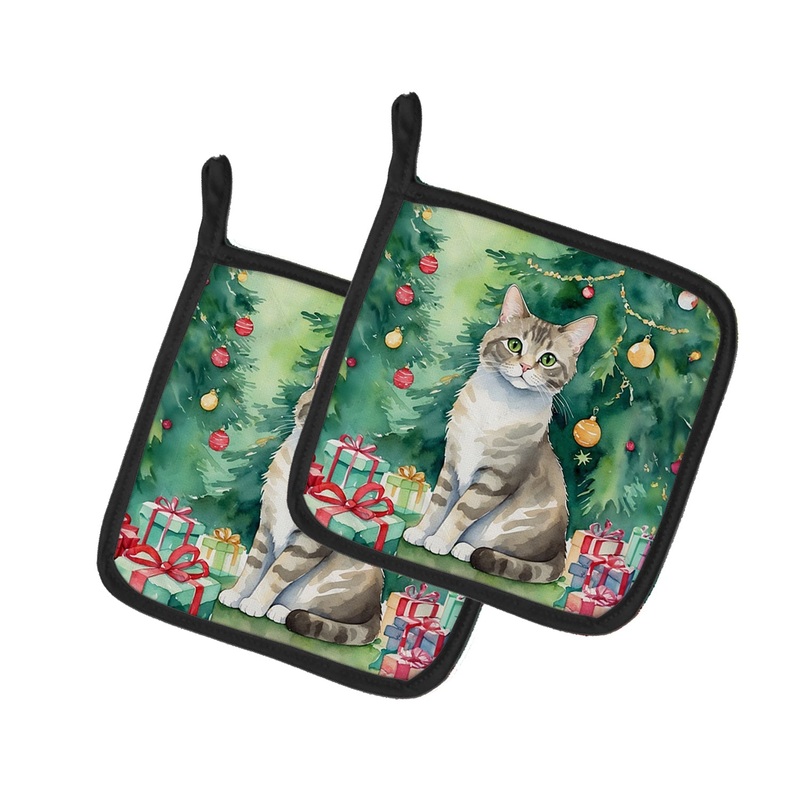 Pudelkatze Cat By the Christmas Tree Pot Holders - Set of 2 Decorative Kitchen Helpers | Made in the USA