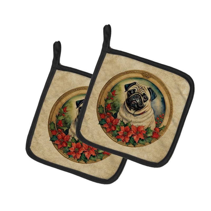 Pug Christmas Flowers Pot Holders - Set of 2 Decorative Kitchen Helpers | Made in the USA
