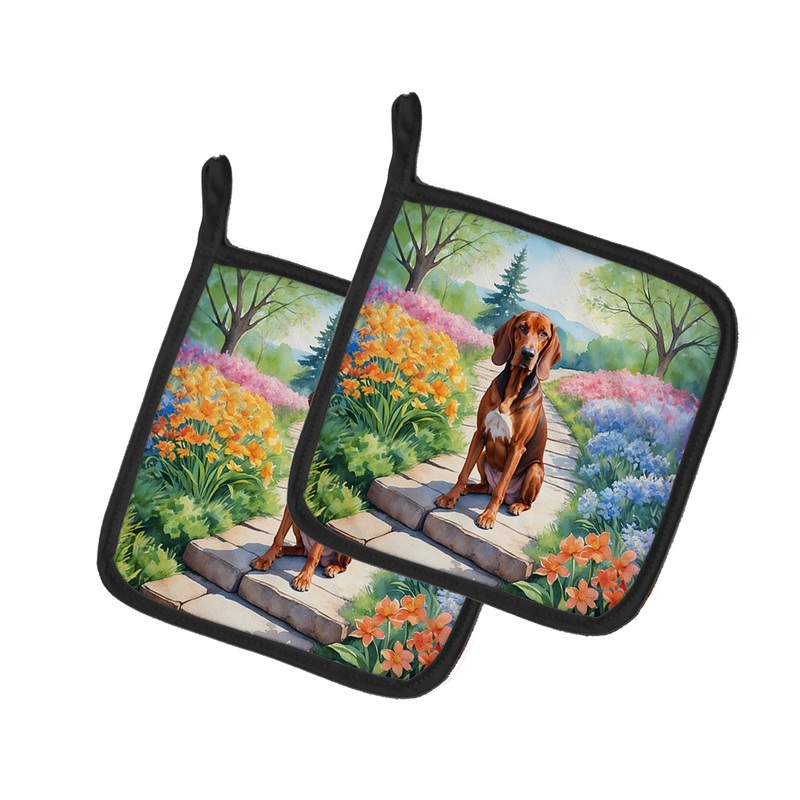 Redbone Coonhound Spring Path Pot Holders - Set of 2 Decorative Kitchen Helpers | Made in the USA