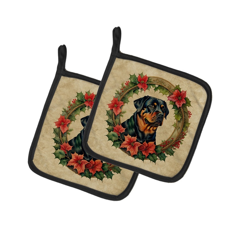 Rottweiler Christmas Flowers Pot Holders - Set of 2 Decorative Kitchen Helpers | Made in the USA