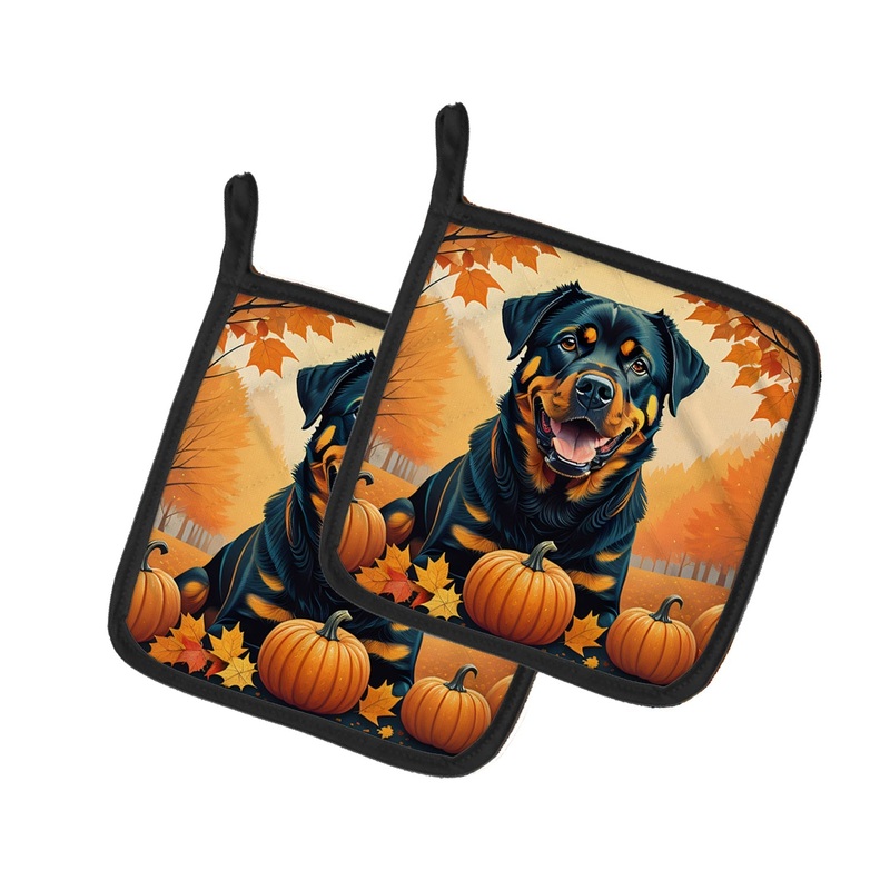 Rottweiler Fall Pot Holders - Set of 2 Decorative Kitchen Helpers | Made in the USA