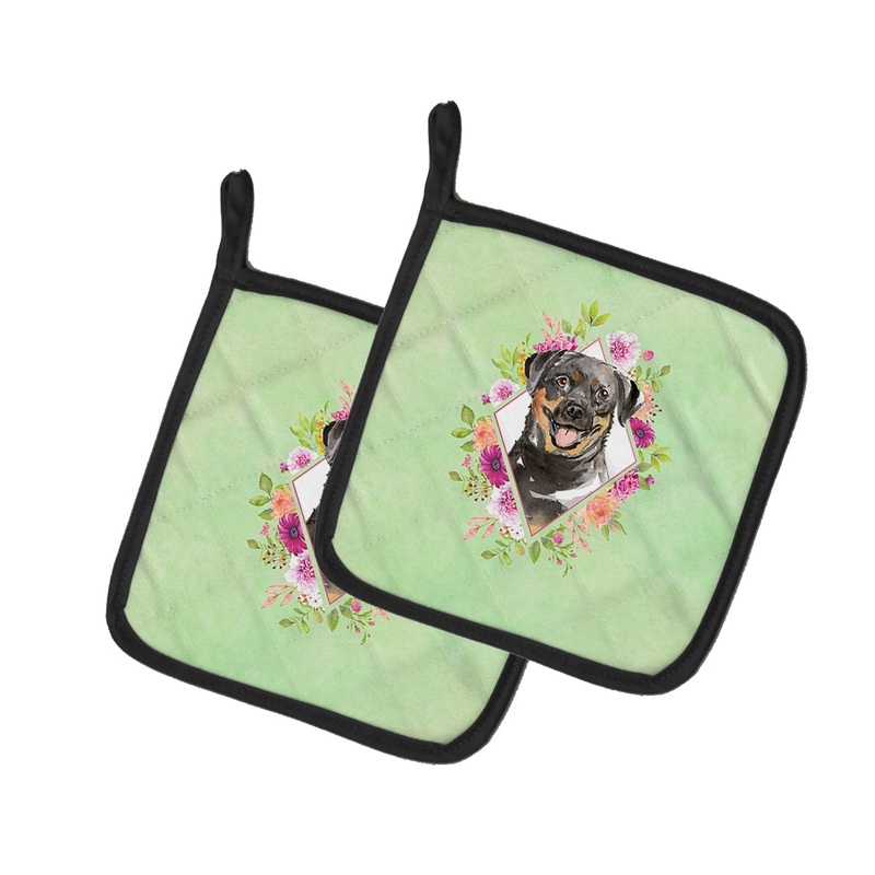 Rottweiler Green Flowers Pot Holders - Set of 2 - Heat-Resistant Kitchen Essentials CK4377PTHD