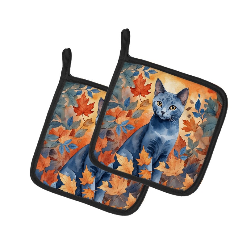 Russian Blue Cat in Fall Leaves Pot Holders - Set of 2 Decorative Kitchen Helpers | Made in the USA