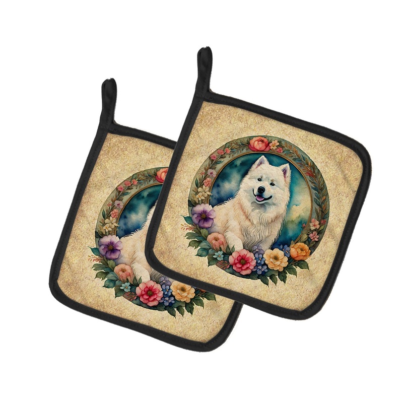 Samoyed and Flowers Pot Holders - Set of 2 Decorative Kitchen Helpers | Made in the USA