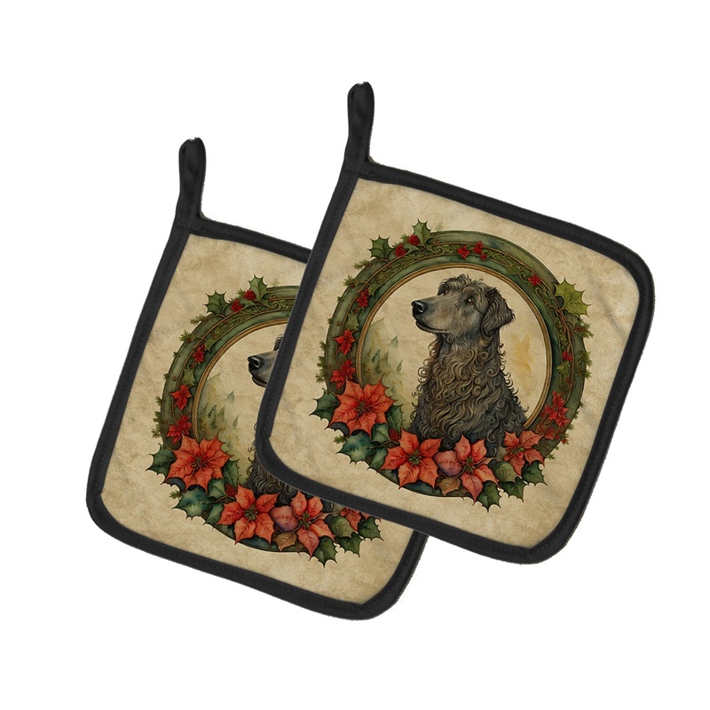 Scottish Deerhound Christmas Flowers Pot Holders - Set of 2 Decorative Kitchen Helpers | Made in the USA