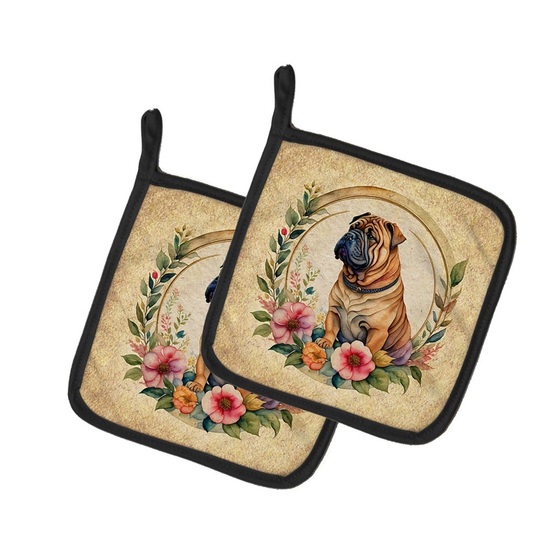 Shar Pei and Flowers Pot Holders - Set of 2 Decorative Kitchen Helpers | Made in the USA