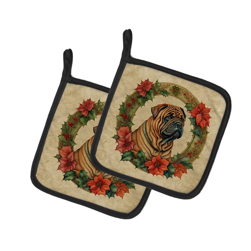 Shar Pei Christmas Flowers Pot Holders - Set of 2 Decorative Kitchen Helpers | Made in the USA