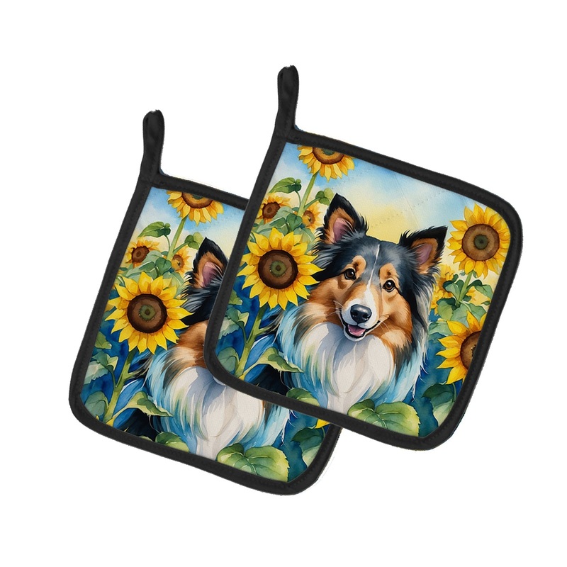 Sheltie in Sunflowers Pot Holders - Set of 2 Decorative Kitchen Helpers | Made in the USA