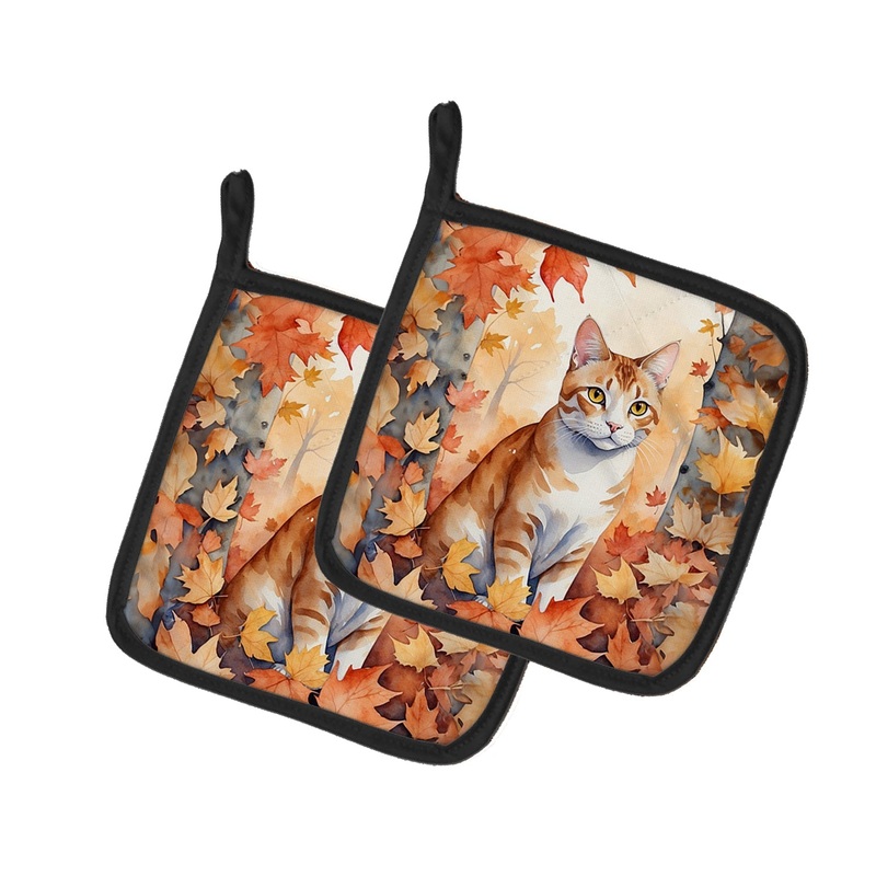 Ural Rex Cat in Fall Leaves Pot Holders - Set of 2 Decorative Kitchen Helpers | Made in the USA