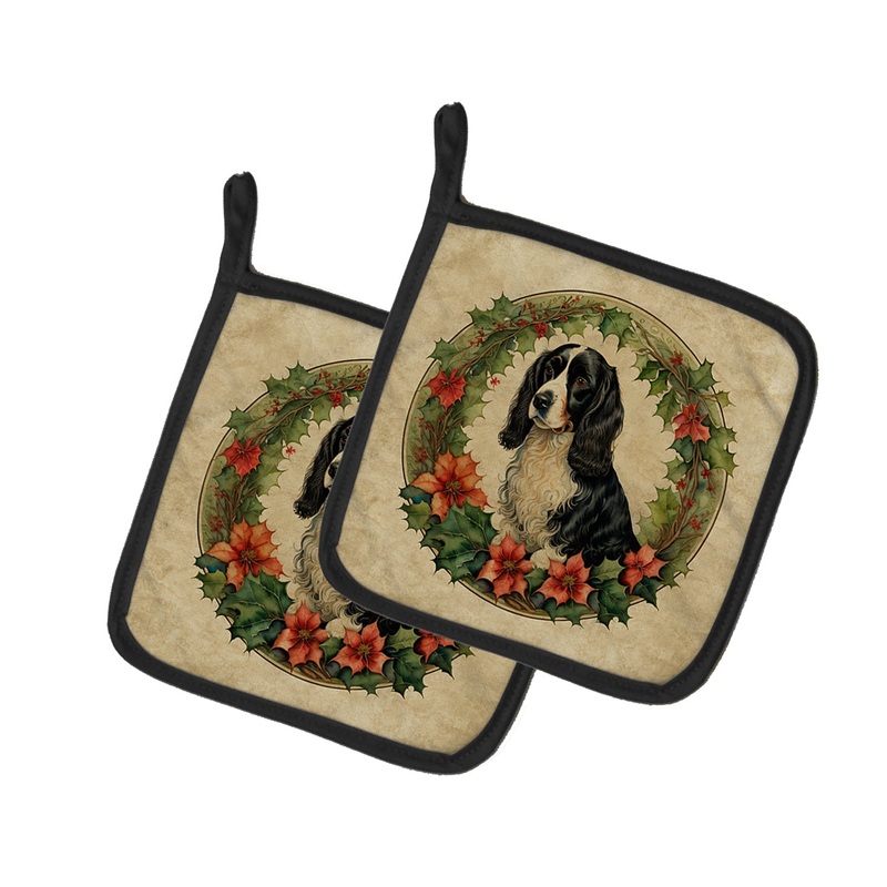 Welsh Springer Spaniel Christmas Flowers Pot Holders - Set of 2 Decorative Kitchen Helpers | Made in the USA
