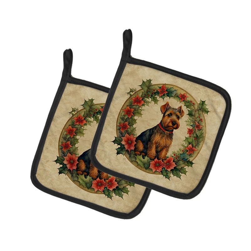 Welsh Terrier Christmas Flowers Pot Holders - Set of 2 Decorative Kitchen Helpers | Made in the USA