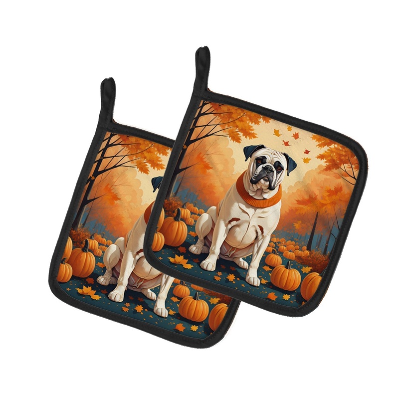 White Boxer Fall Pot Holders - Set of 2 Decorative Kitchen Helpers | Made in the USA