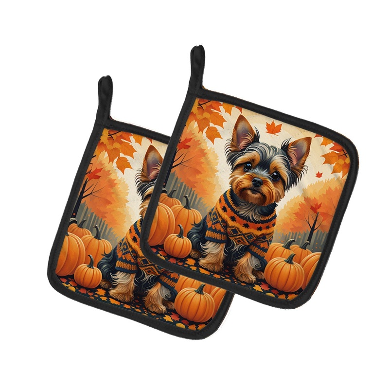 Yorkshire Terrier Fall Pot Holders - Set of 2 Decorative Kitchen Helpers | Made in the USA
