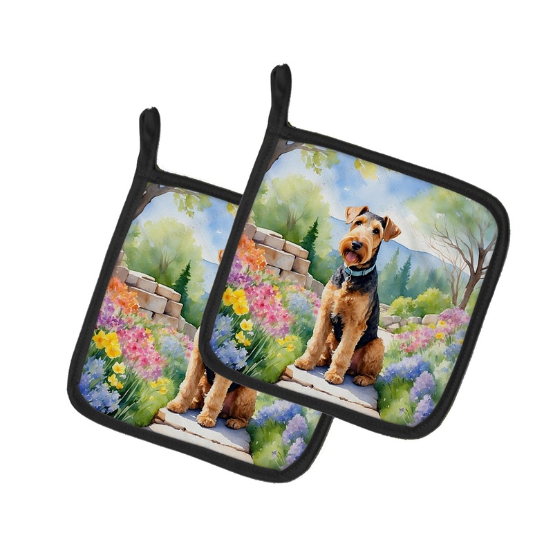 Airedale Terrier Spring Garden Pot Holders - Set of 2 Decorative Kitchen Helpers | Made in the USA