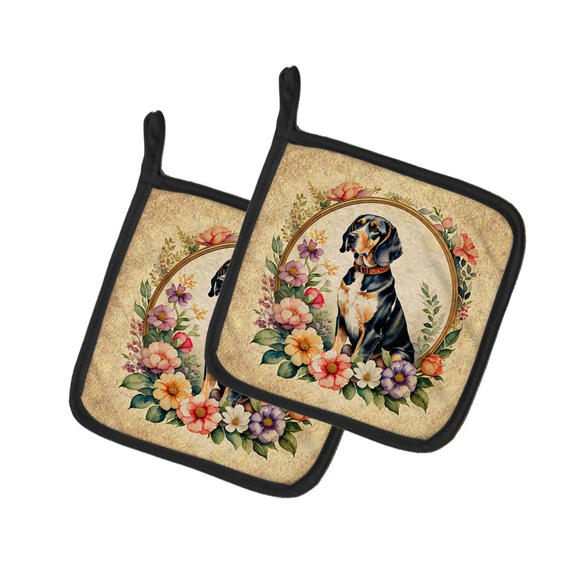 American English Coonhound and Flowers Pot Holders - Set of 2 Decorative Kitchen Helpers | Made in the USA