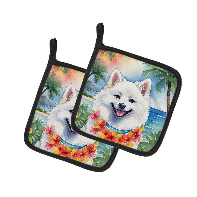 American Eskimo Luau Pot Holders - Set of 2 Decorative Kitchen Helpers | Made in the USA