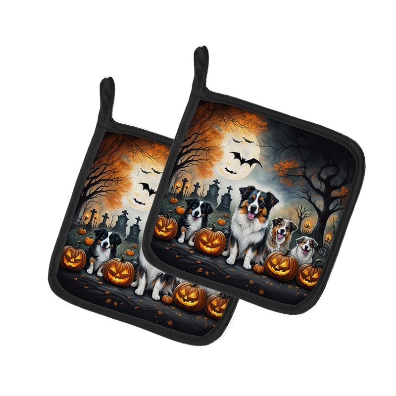 Australian Shepherd Spooky Halloween Pot Holders - Set of 2 Decorative Kitchen Helpers | Made in the USA