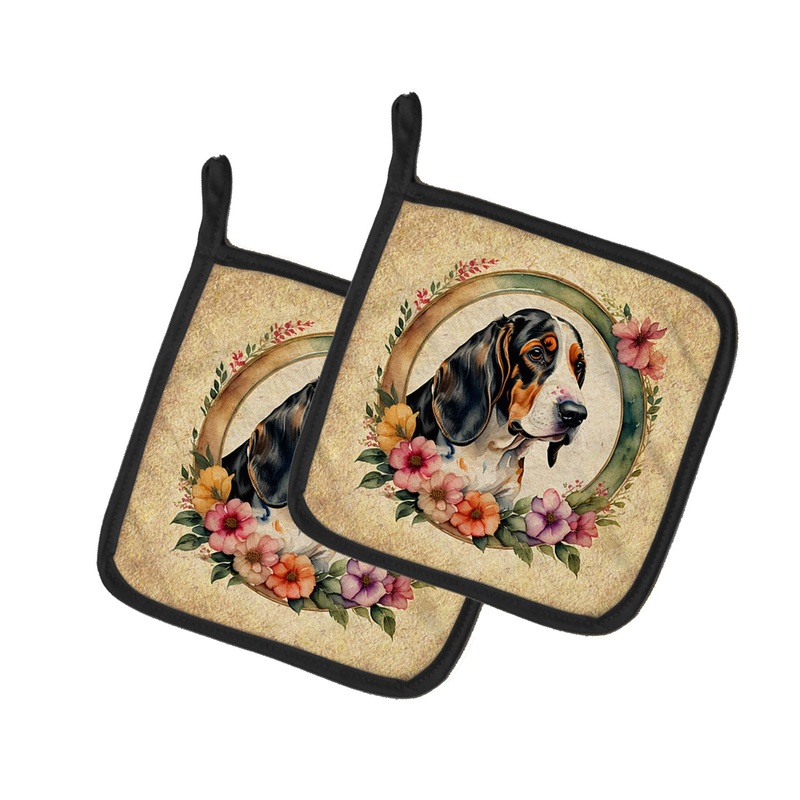 Basset Hound and Flowers Pot Holders - Set of 2 Decorative Kitchen Helpers | Made in the USA
