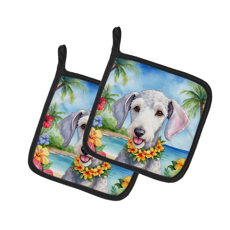 Bedlington Terrier Luau Pot Holders - Set of 2 Decorative Kitchen Helpers | Made in the USA