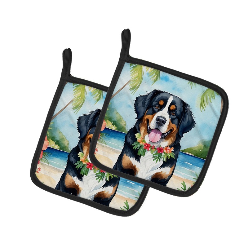 Bernese Mountain Dog Luau Pot Holders - Set of 2 Decorative Kitchen Helpers | Made in the USA