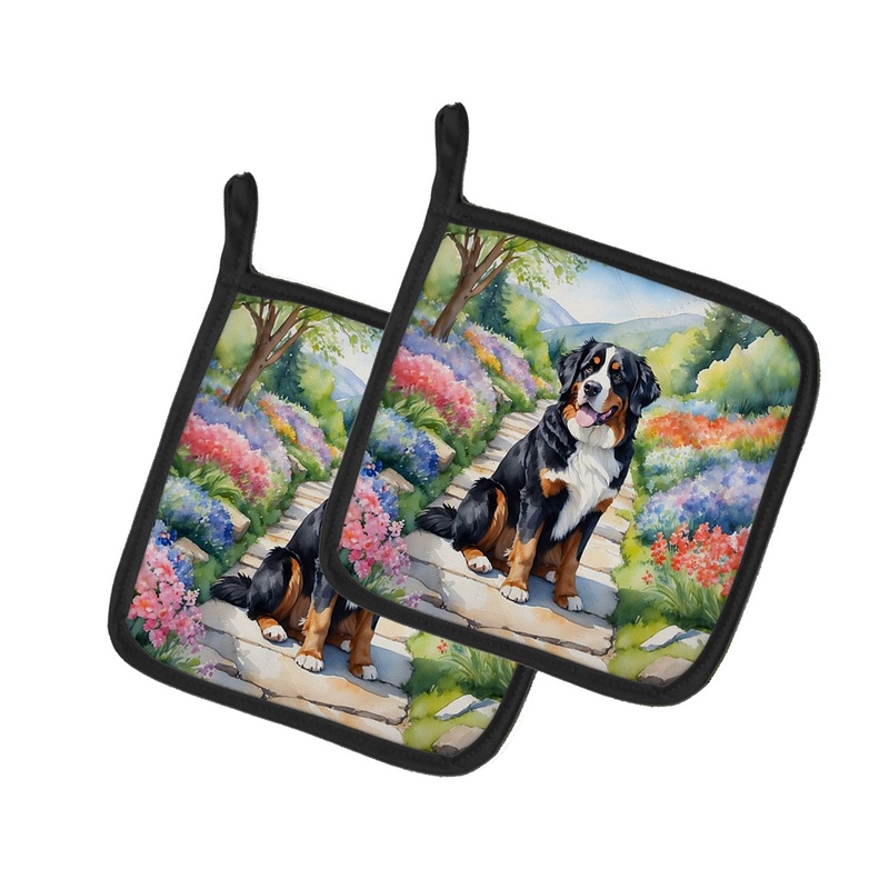 Bernese Mountain Dog Spring Path Pot Holders - Set of 2 Decorative Kitchen Helpers | Made in the USA