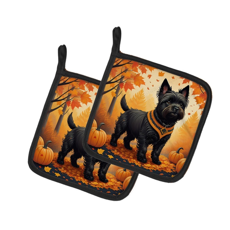Black Cairn Terrier Fall Pot Holders - Set of 2 Decorative Kitchen Helpers | Made in the USA