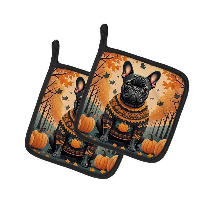 Black French Bulldog Fall Pot Holders - Set of 2 Decorative Kitchen Helpers | Made in the USA