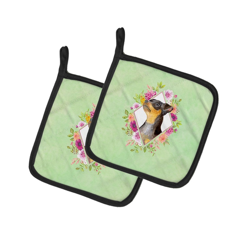 Black Miniature Pinscher Green Flowers Pot Holders - Set of 2 - Heat-Resistant Kitchen Essentials CK4356PTHD