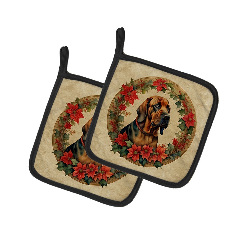 Bloodhound Christmas Flowers Pot Holders - Set of 2 Decorative Kitchen Helpers | Made in the USA