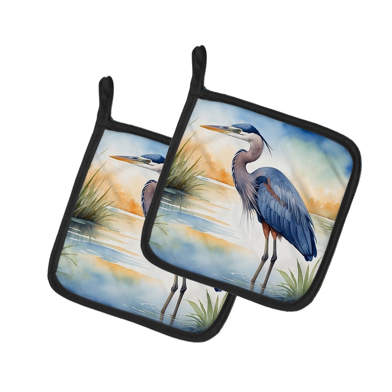 Blue Heron Emerging as the day fades Pot Holders - Set of 2 Decorative Kitchen Helpers | Made in the USA