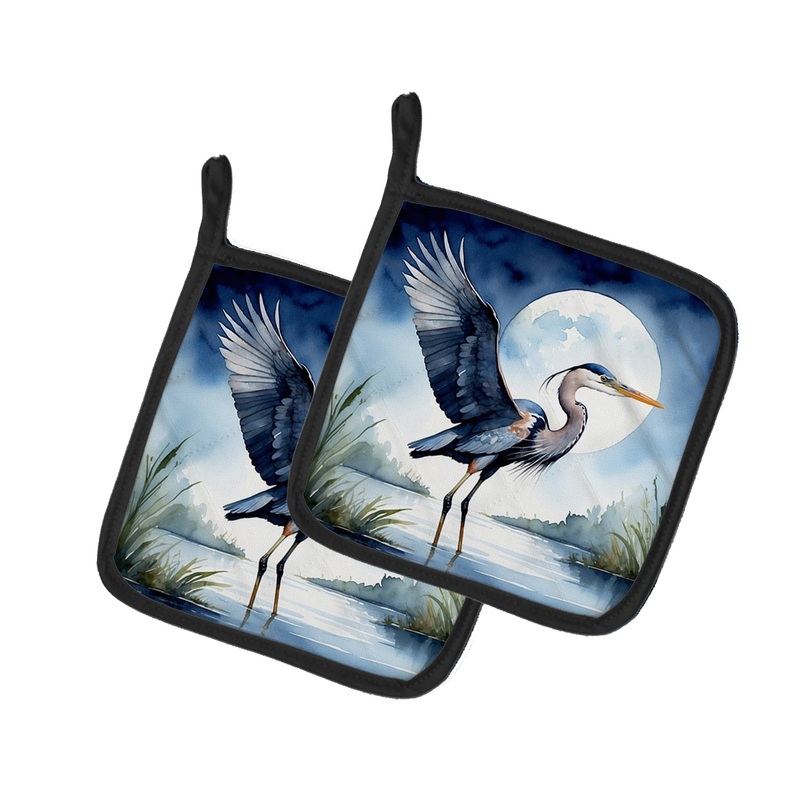 Blue Heron Under the Moonlight Pot Holders - Set of 2 Decorative Kitchen Helpers | Made in the USA