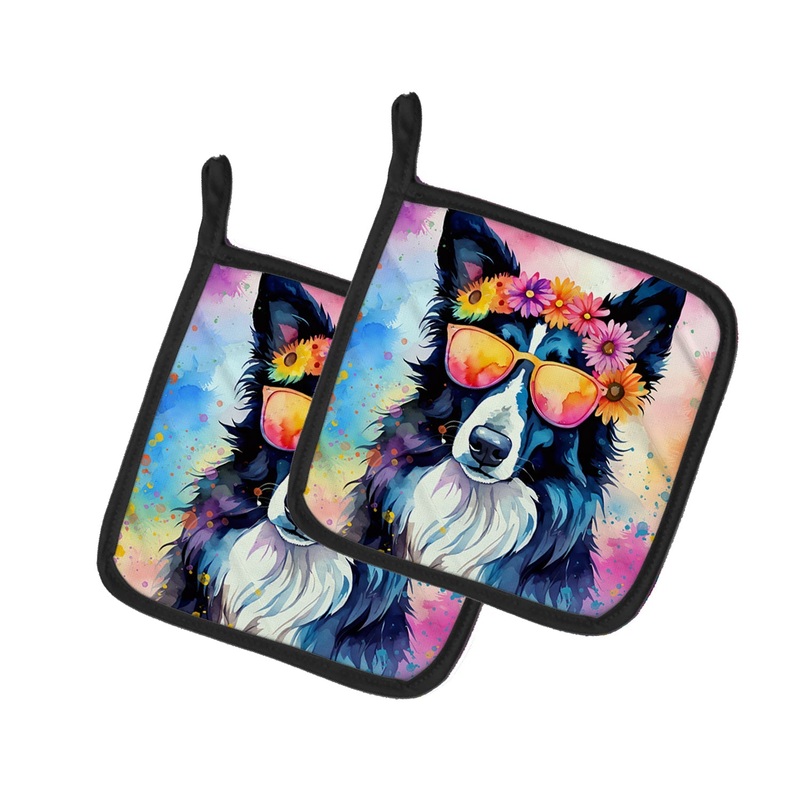 Border Collie Hippie Dawg Pot Holders - Set of 2 Decorative Kitchen Helpers | Made in the USA