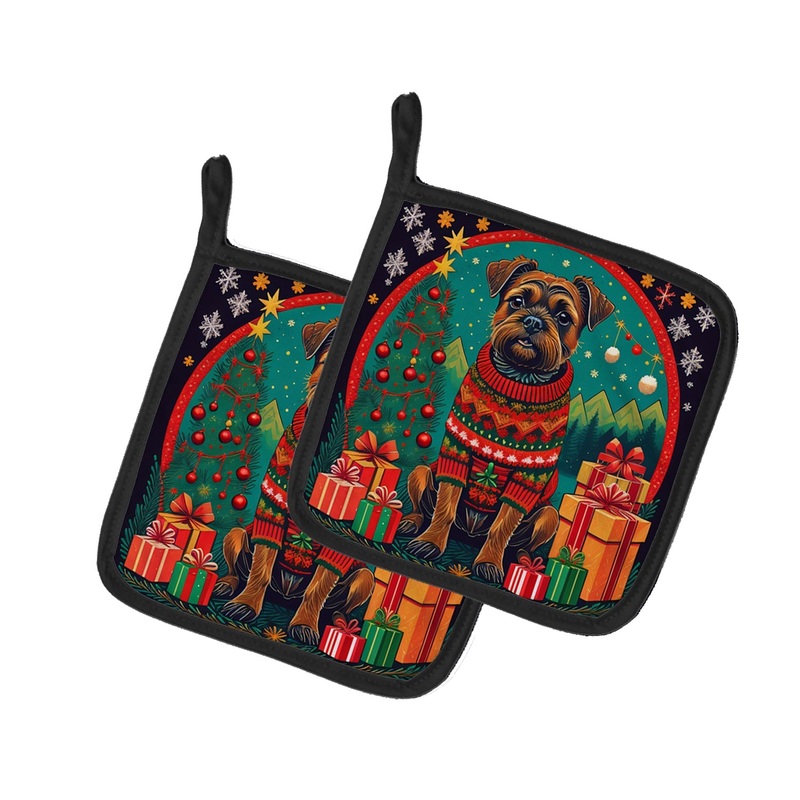 Border Terrier Christmas Pot Holders - Set of 2 Decorative Kitchen Helpers | Made in the USA