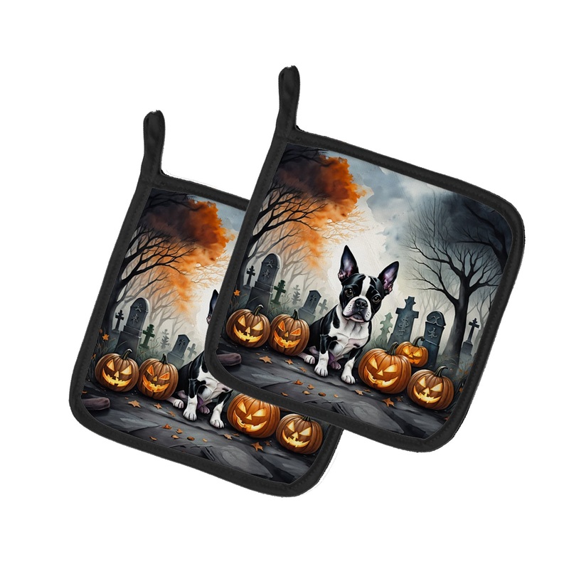 Boston Terrier Spooky Halloween Pot Holders - Set of 2 Decorative Kitchen Helpers | Made in the USA