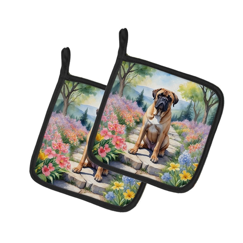 Bullmastiff Spring Path Pot Holders - Set of 2 Decorative Kitchen Helpers | Made in the USA