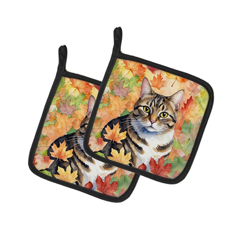 California Spangled Cat in Fall Leaves Pot Holders - Set of 2 Decorative Kitchen Helpers | Made in the USA